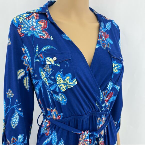 Iris LARGE Blue Floral Collared Long Sleeve Boho Sheath Maxi Dress NWT - Picture 2 of 7